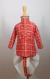 Boys Premium  Red Traditional Elephant Motif Set- Dhoti & Pant Included